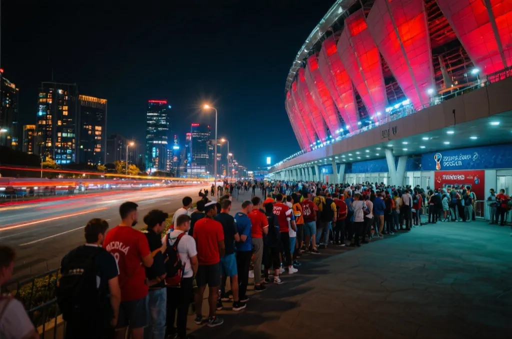 球迷在大型现代化球场外排队入场,城市夜色与交通灯光交错,展现世界杯观赛氛围